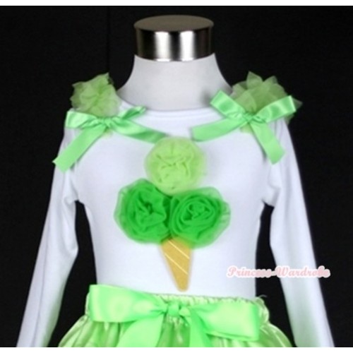 White Long Sleeves Top with Light Green Dark Green Ice Cream Print With Light Green Ruffles & Light Green Bow T259 